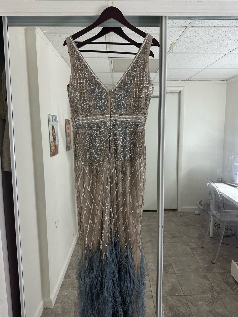 Jovani Beaded V-Neck Evening Gown in Nude and Dusty Blue Feather Trim - Picture 2 of 3